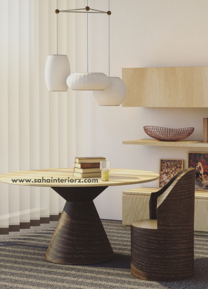 Modern dining room with a wooden table, stylish lighting, and minimalist decor.