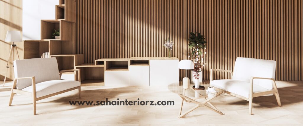 Modern minimalist living room with wooden accents and stylish decor.