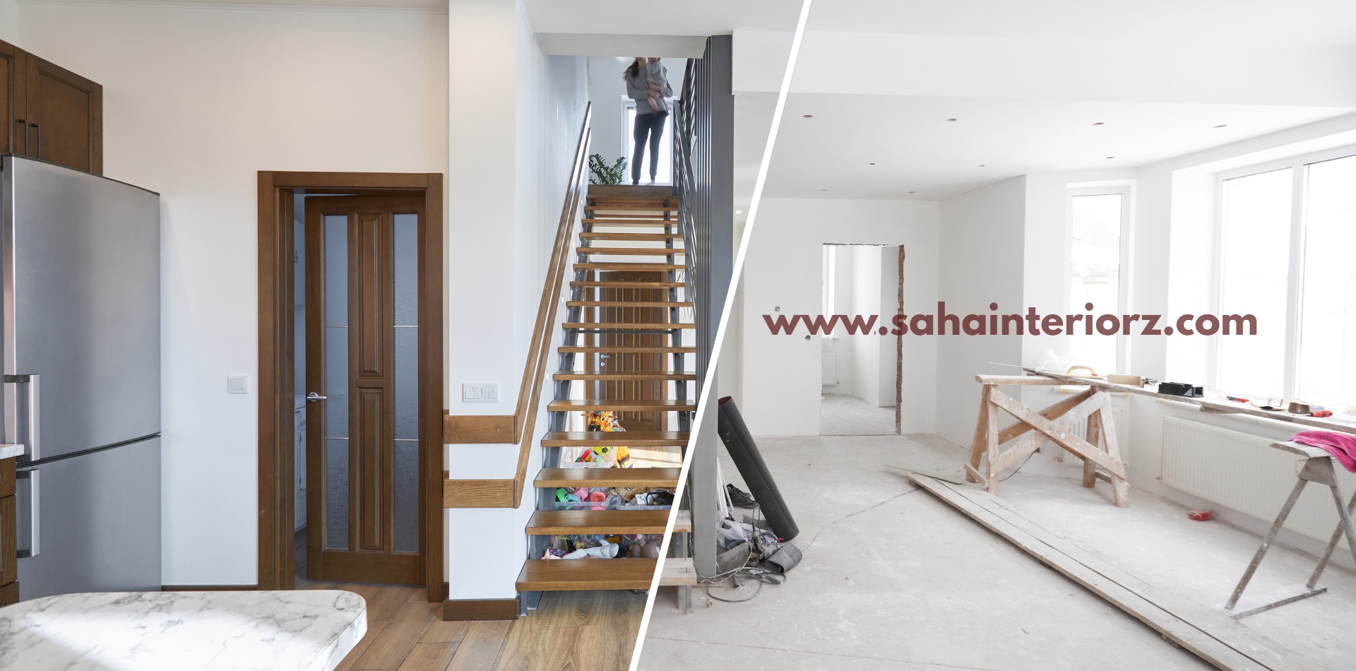 Before-and-after home renovation featuring wooden stairs and a modern living space.