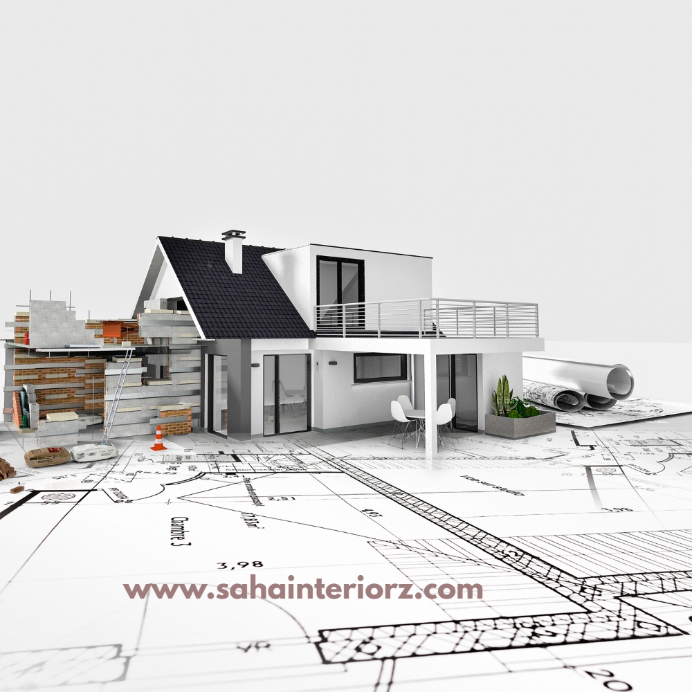 Modern house design concept with a blueprint, materials, and tools.