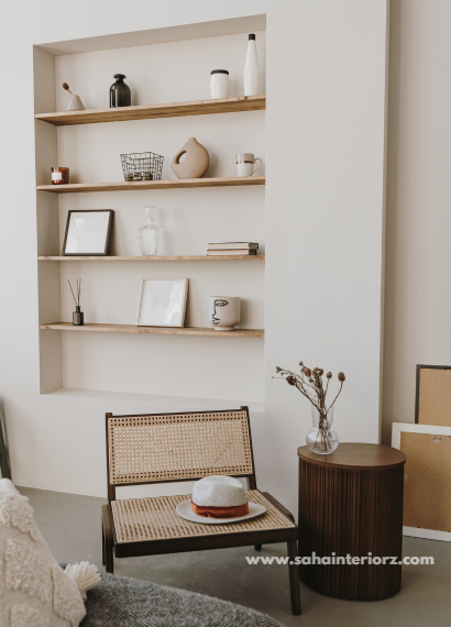 A modern minimalist living room with Scandinavian design, warm tones, and elegant decor.