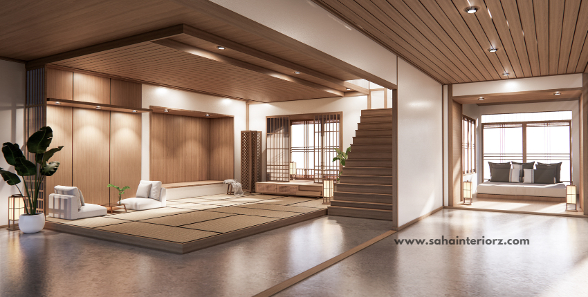 Minimalist Japanese Zen interior with tatami mats, wooden accents, and soft lighting.