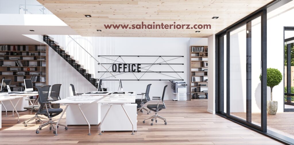 Minimalist modern office with open workspace, ergonomic chairs, and natural light.