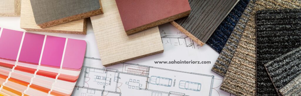 A collection of hardwood samples, fabric swatches, and paint color cards carefully arranged on architectural blueprints, representing creative interior design and renovation planning.
