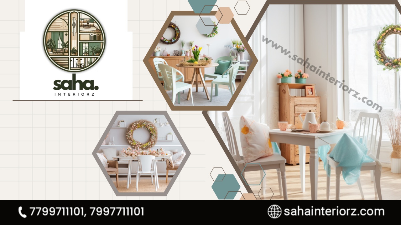 Modern home interior design with stylish dining and living spaces, pastel decor, floral wreaths, and minimalist furniture.