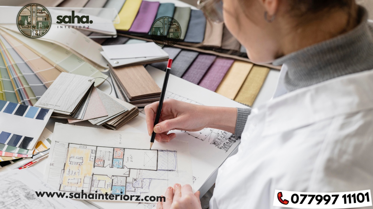 Cheerful young woman examining blueprints at home. -Saha Interiorz